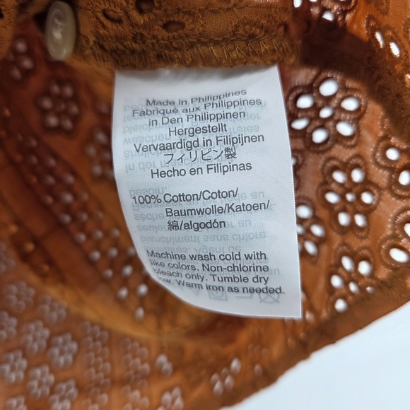 Madewell Eyelet Blouse XS Mustard Yellow Tie Neck Puff Sleeve Boho Eclectic - Picture 5 of 7